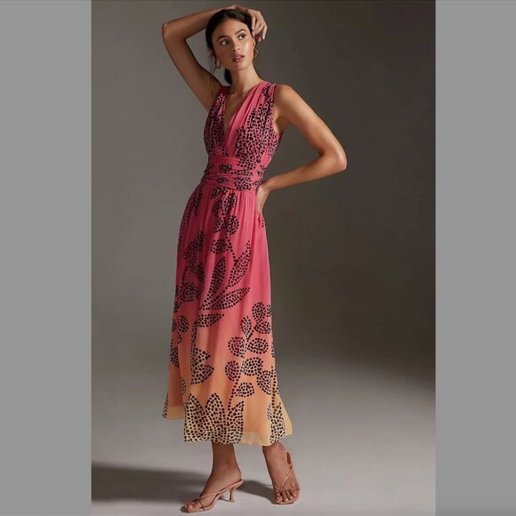 Anthropologie Dresses & Skirts - Anthropologie Pink to Peach Gradient Midi Dress with Black Floral Print